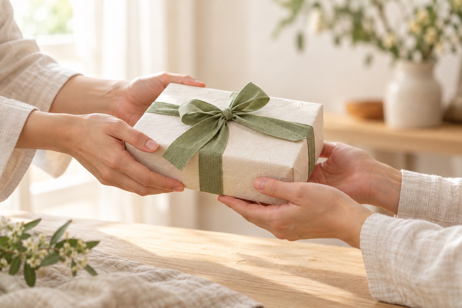 若草色のリボンをかけた贈りものを手渡す手元