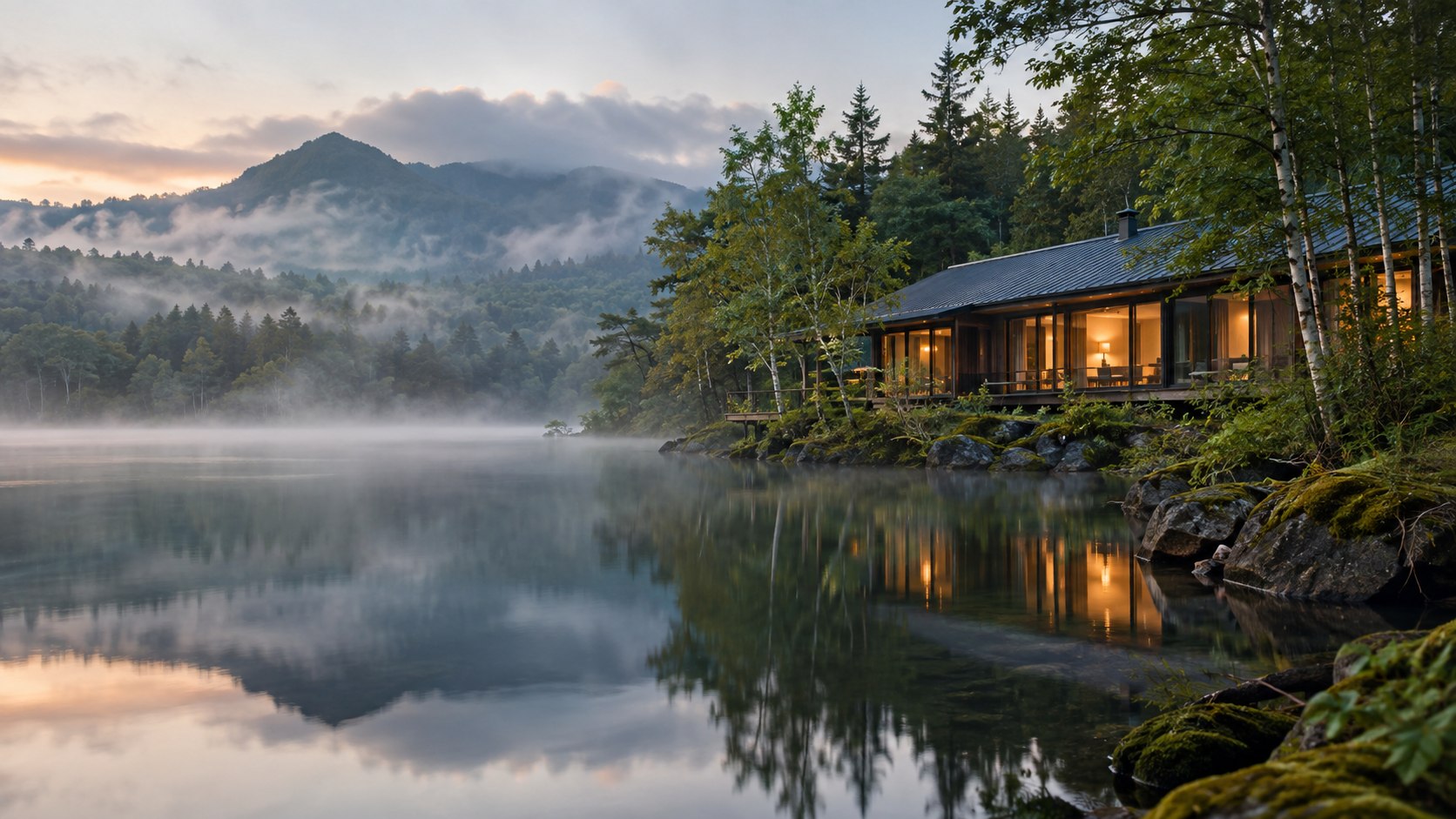 朝靄の湖に映る、森に囲まれた木造の宿