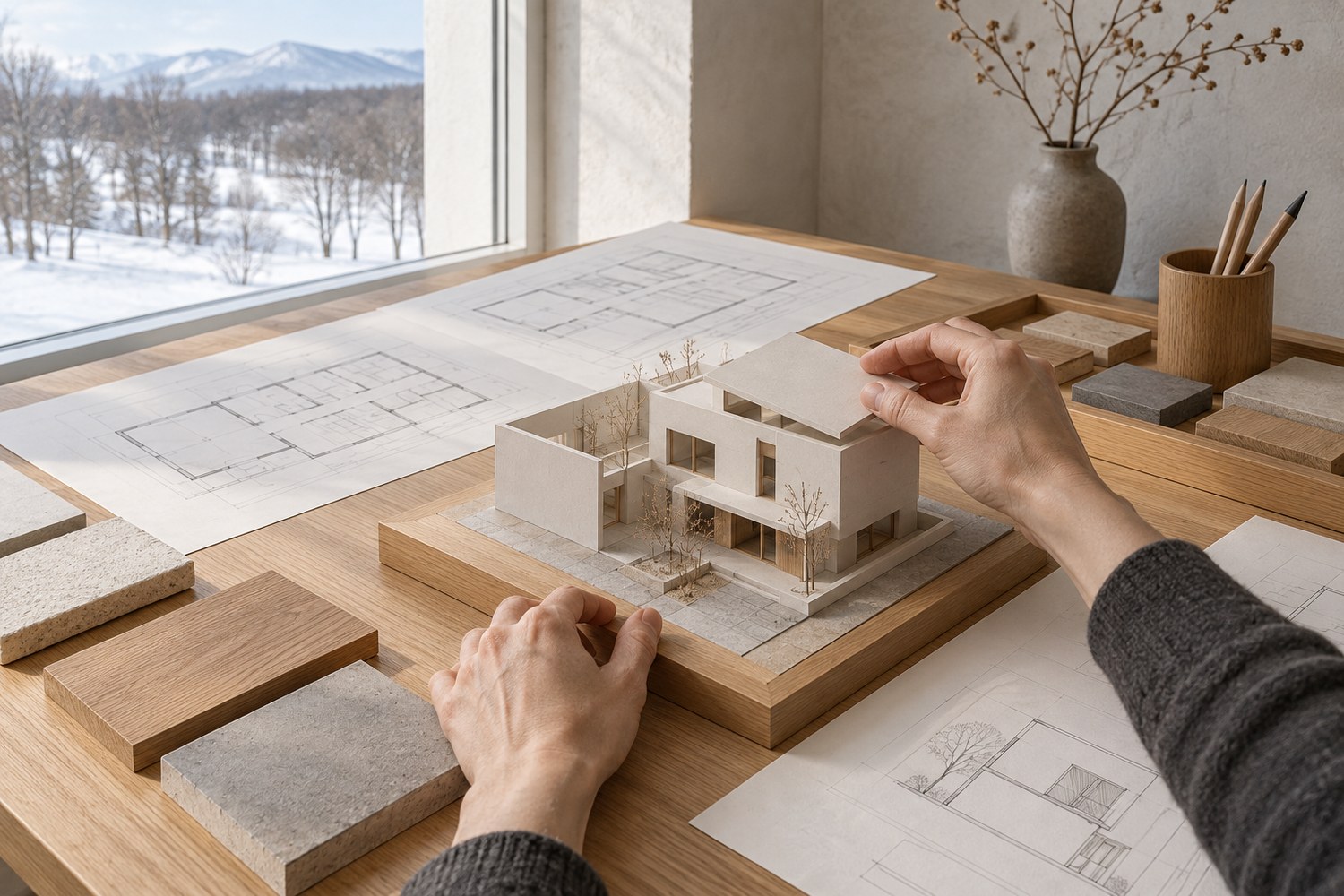 図面と木の模型、素材見本を並べて住まいを検討する作業机